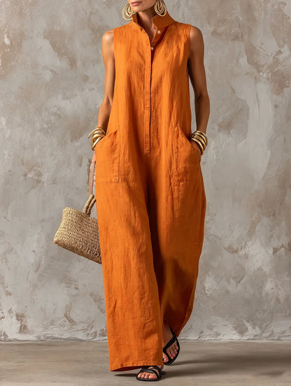 Women Linen Sleeveless Jumpsuit Stand Collar Button Down Wide Leg Long Romper Casual Loose Pockets Vacation Overalls