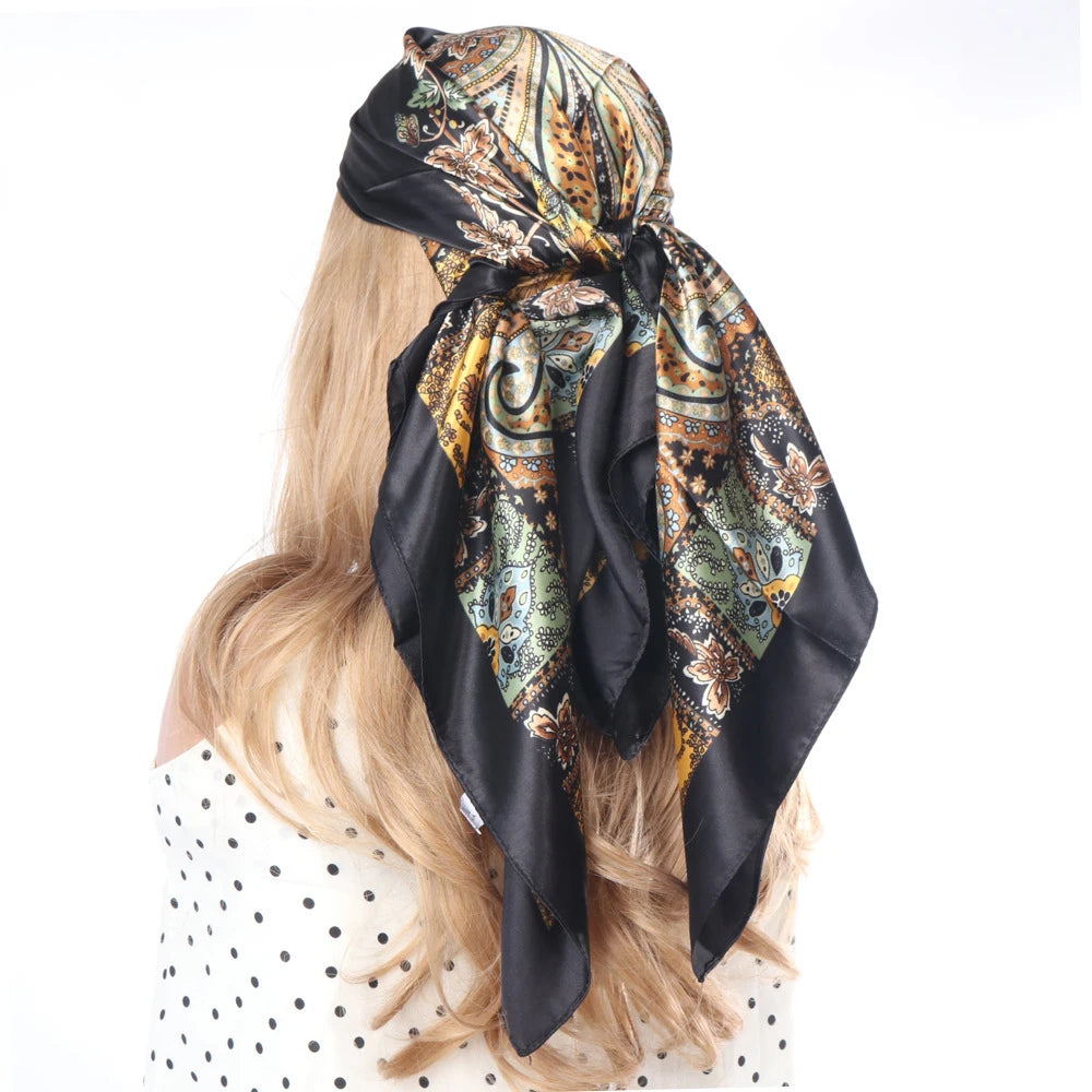 New 90*90cm Retro Brand Women Silk Scarf Bandanna Fashion Bohemian Pattern Square Hijab Lady Wrap Headband Foulard Muffler