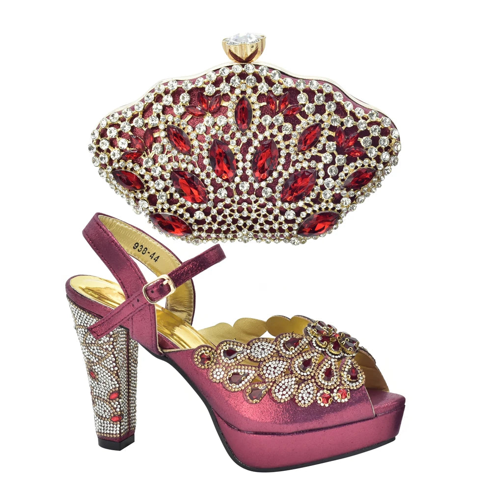 Fashion Italian Shoe and Bag Set for Party In Women Afrcan Party Shoes with Bag Set with Rhinetsone Luxury Shoes Women Designers