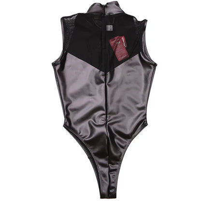 Women Sexy PU Leather Bodysuits Sleeveless Mesh Stitching Faux Latex Bodycon Jumpsuits Ladies Nightclub Cosplay Rompers Custom