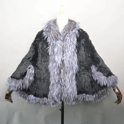 New Real Genuine Natural Knitted Rabbit Fur Shawl Coat With Fox Fur Collar Women's Fashion Knit Jacket Cape
