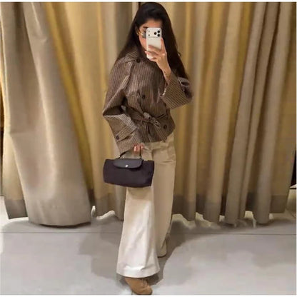 Plaid Cropped Trench Coat Lapel Collar Double Breasted Belted Waist Long Sleeve Women All-match Coats 2026 Autumn Commute Outfit