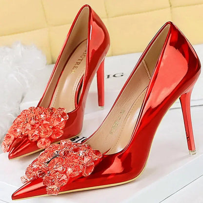 Women 10.5cm High Heels Glossy Leather Drag Queen Banquet Dress Pumps Lady Luxury Crystal Bow Stiletto Blue Green Red Prom Shoes