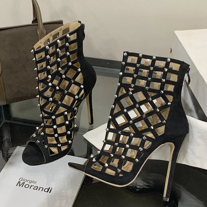 Eilyken 2026 New Street Design Rivet Hollow Out Zipper Ankle Boots Women Sandals Thin Heels Prom Ladies Shoes Botas Mujer