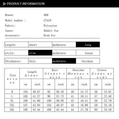 PUDI CT418 Women Mink Fur Collar Medium Long Jacket 2024 New Winter Fashion Rabbit Fur Warm Slim Coat