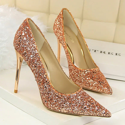 Women Luxury Bling Red  Blue Valentine Party Scarpins Pumps Lady Glitter Sequins 7cm 9.5cm High Heels Designer Shoes Plus Size