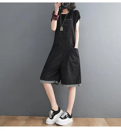 Summer Denim Straps Shorts Jeans Overalls Women Korean Wide Leg Jumpsuits Female Suspender Rompers Casual Conjoined Fifth Pants