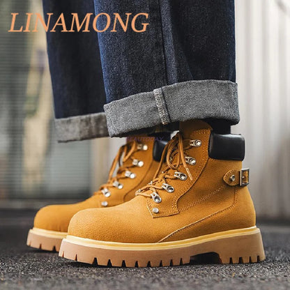 Yellow Workwear Boots Fashionable Front Strap Design Patchwork Thick Sole Buckle Decoration Anti Slip Couple's Short Boots