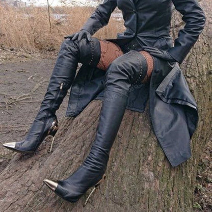 Black Metal Pointed Toe Over the Knee Boots Pointed Toe Stiletto High Heel Matte Leather Women Shoes 2023 Zapatos Para Mujere