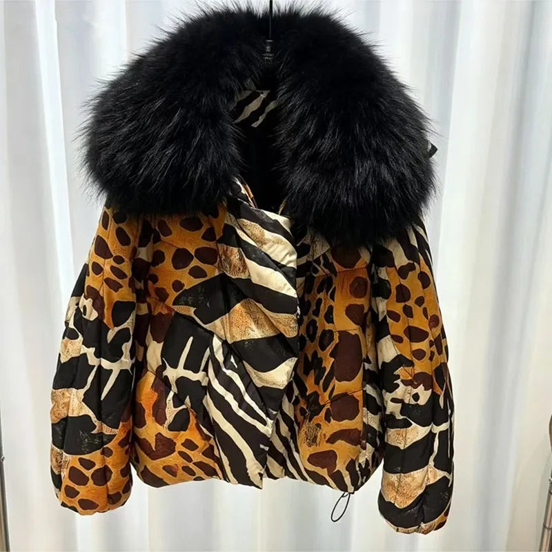 Women's Leopard Print down Jacket European Winter Natural Raccoon Fur Collar Short Warm Duck down Coat