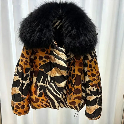 Women's Leopard Print down Jacket European Winter Natural Raccoon Fur Collar Short Warm Duck down Coat