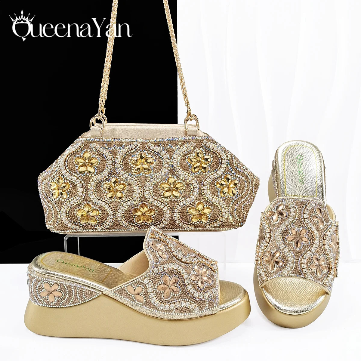 Queena Yan Popularity Open Toe Luxury Fashion Women High Heels Shoes and Bags Set With Rhinestone for Wedding Party Elegant
