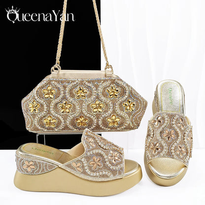 Queena Yan Popularity Open Toe Luxury Fashion Women High Heels Shoes and Bags Set With Rhinestone for Wedding Party Elegant
