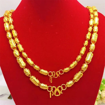 24K real gold hollowed out men's necklace with M buttons, men's boutique 9999 cylindrical necklace, light pearl gold jewelry
