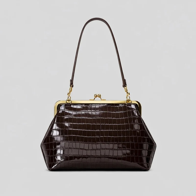 2026 Retro Leather & Straw Woven Bag – Kiss Lock Frame Shell Clutch, Large Capacity Shoulder Tote for Commute Beach Evening
