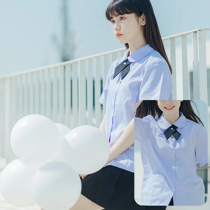 Men/Women JK Uniform Thai Style School Uniforms Short Sleeve White Shirt/Light Purple Shirt Preppy Style Pleated Skirt w/bow Tie