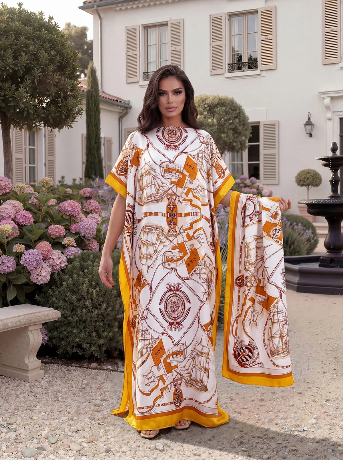 Nautical Sailboat Print Satin Abaya Scarf Set, Loose Batwing Maxi Kaftan For Muslim Women Summer Beach Daily Holiday Wear