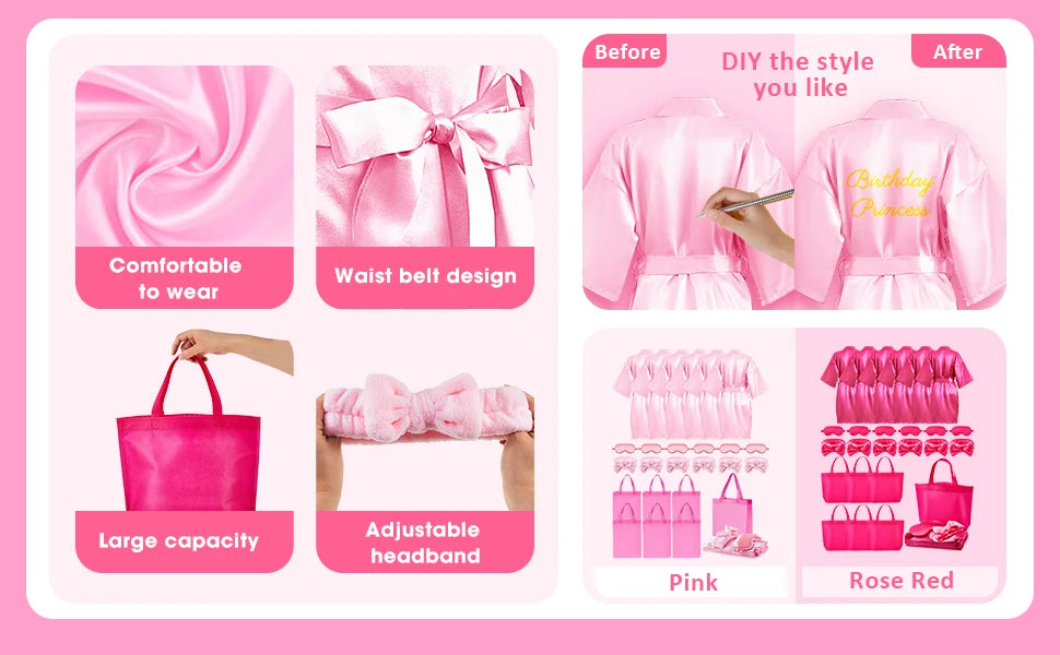 40 Pcs Girls Spa Party Supplies 10 Birthday Squad Princess Robe 10 Tote Bags 10 Headbands 10 Spa Masks for Birthday