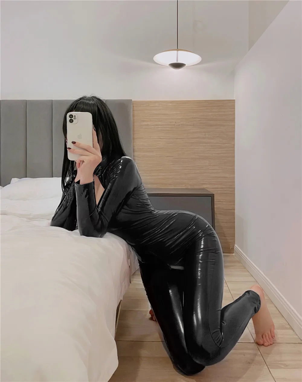 Sexy Bust Hollow Out Shiny PVC Bodysuits Zipper Open Crotch Sexy Tight PU Faux Leather Latex Shiny Cosplay Stage Wear Wetlook
