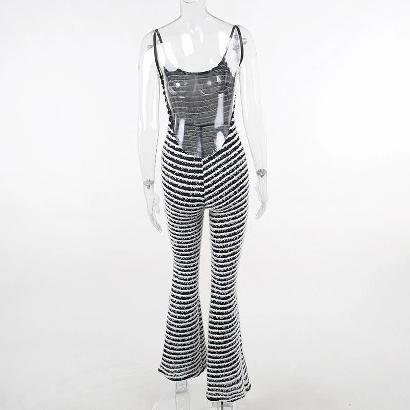 OMSJ New Style Backless Jumpsuits For Women Sexy Camisoles High Waist Hip Lifting Striped One-piece Rompers Flare Pants Clubwear