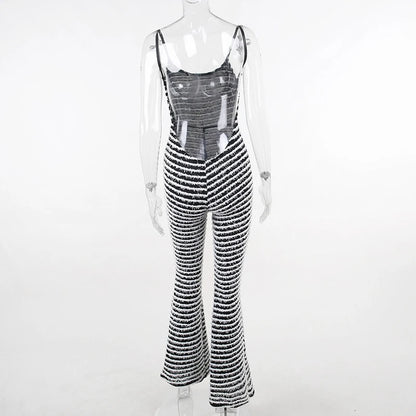 OMSJ New Style Backless Jumpsuits For Women Sexy Camisoles High Waist Hip Lifting Striped One-piece Rompers Flare Pants Clubwear