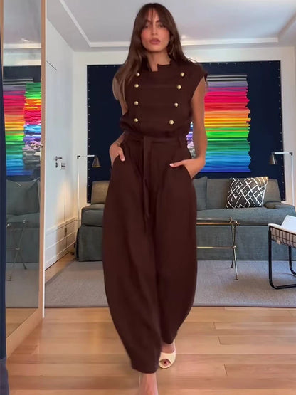Women Long Jumpsuits 2026 Sleeveless Playsuits Elegant Solid Color Rompers Casual Stand Collar Belt Fashion Commuting Outfit