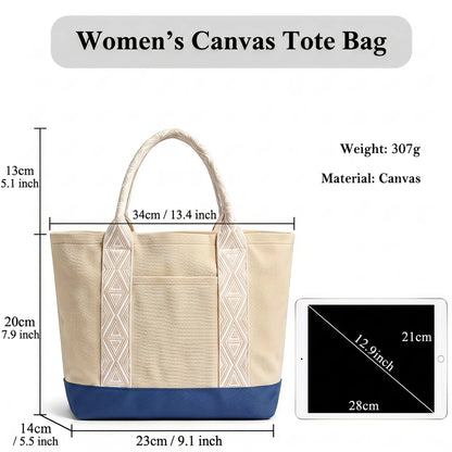 Women 16oz Heavy Duty Canvas Tote Bag Jacquard Handle Card Slot TSA Security Work Student Beach Travel Shoulder Gift Handbag