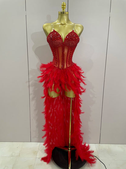 Luxury Sparkly Rhinestones Feathers Long Tail Dress Sexy Mesh Transparent Stage Bodysuit Evening Party Celebrate Birthday Dress