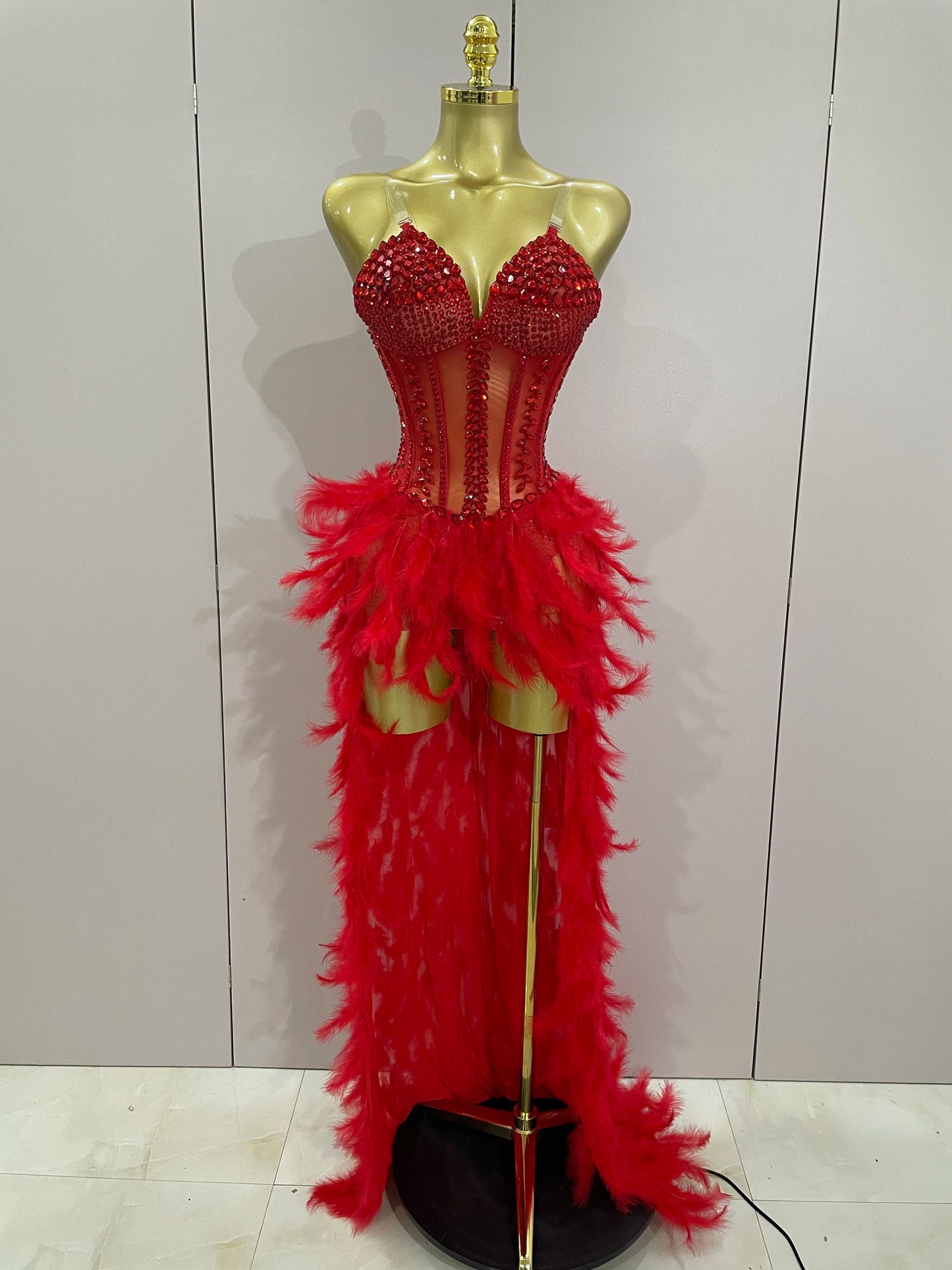 Sparkly Rhinestones Feathers Long Tail Bodysuits Sexy Mesh Transparent Stage Dress Evening Party Celebrate Luxury Birthday Dress