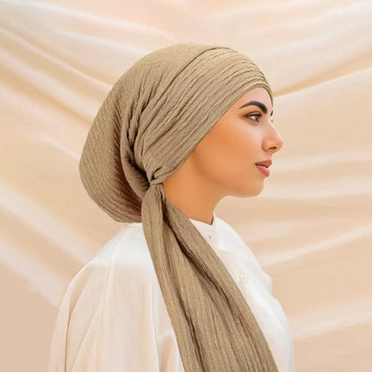 2026 New Solid Color Turban Hijab Hats Long Tail Head Wraps Elastic Muslim Hats Breathable Chemo Cap For Women Girls
