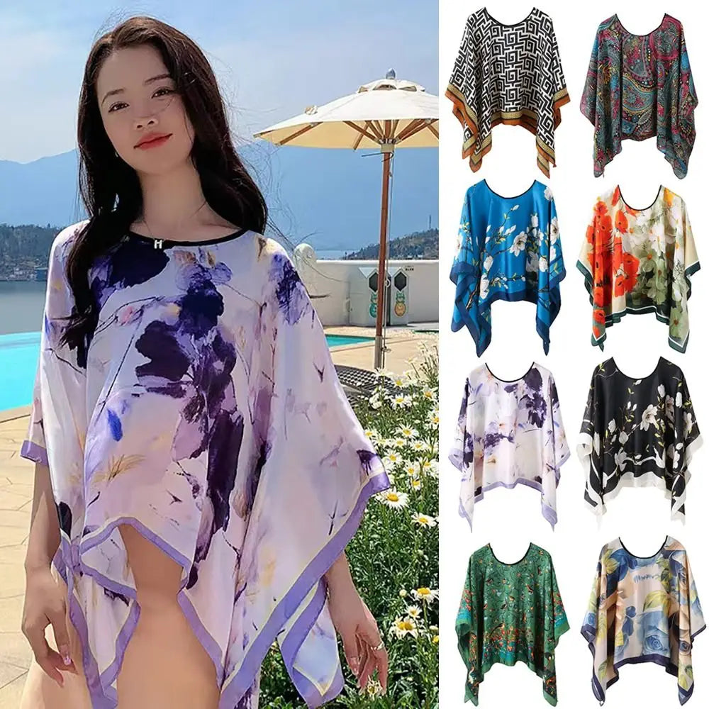 Shawls Summer Beach Sexy Women Fashion Print Chiffon Smock Bikini Cover Up Loose Blouse Sunscreen Comfortable Poncho