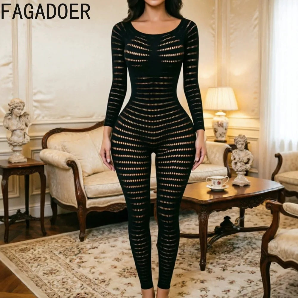 FAGADOER Women Sexy Knit See Through Bodycon Jumpsuits 2026 Summer Solid Color Hollow Out Rompers Night Party Club Playsuits New