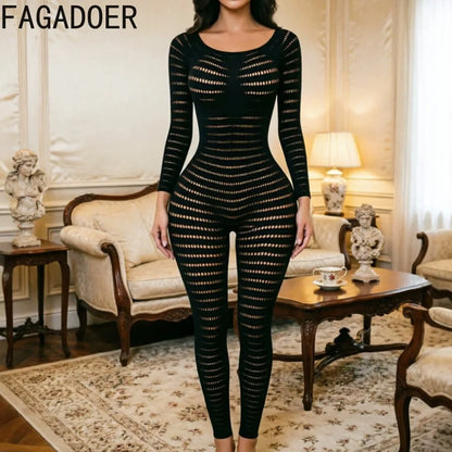 FAGADOER Women Sexy Knit See Through Bodycon Jumpsuits 2026 Summer Solid Color Hollow Out Rompers Night Party Club Playsuits New