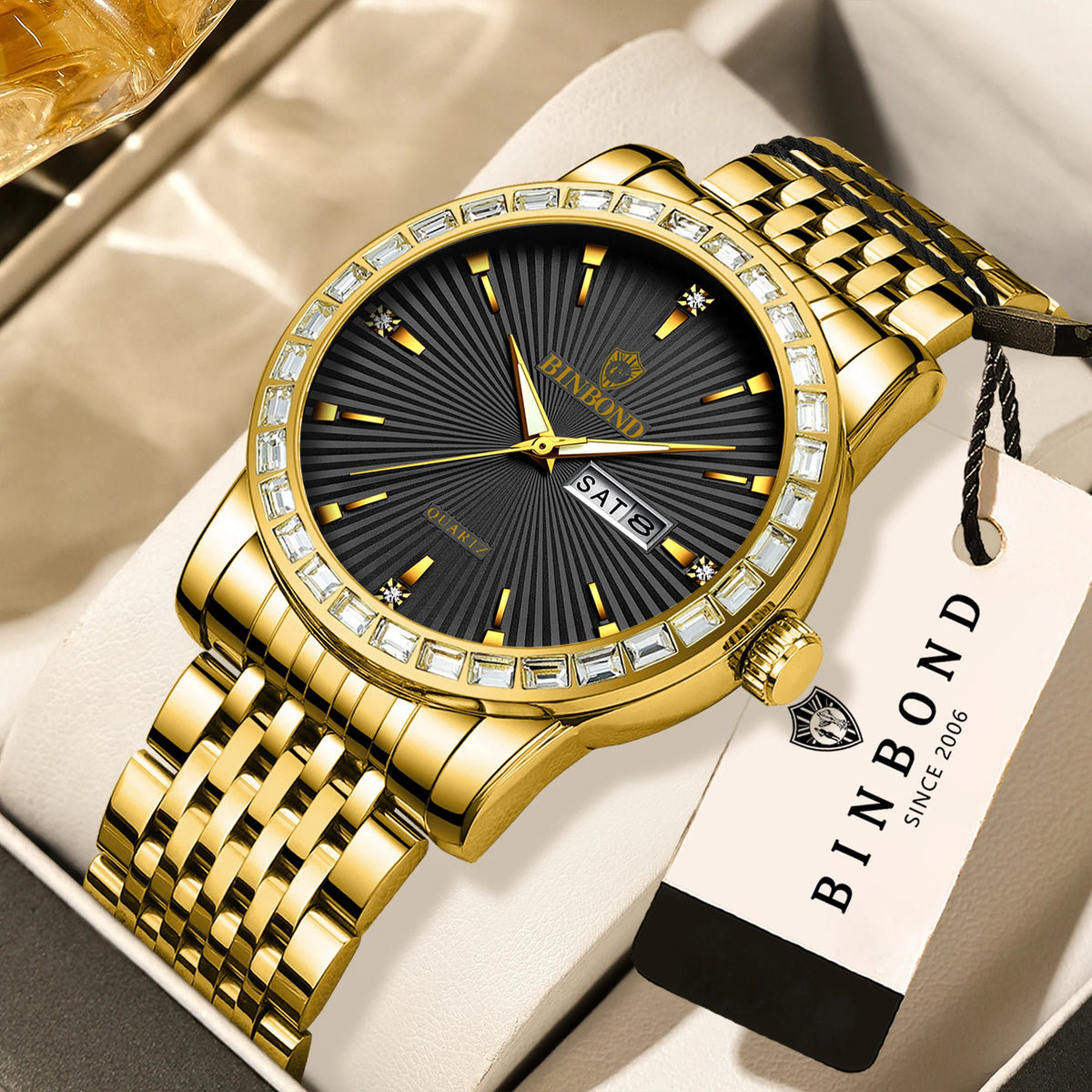 BINBOND Luxury Quartz Watches For Men Luminous Waterproof Men's Wristwatch Reloj Hombre Original Man Watch With Diamond