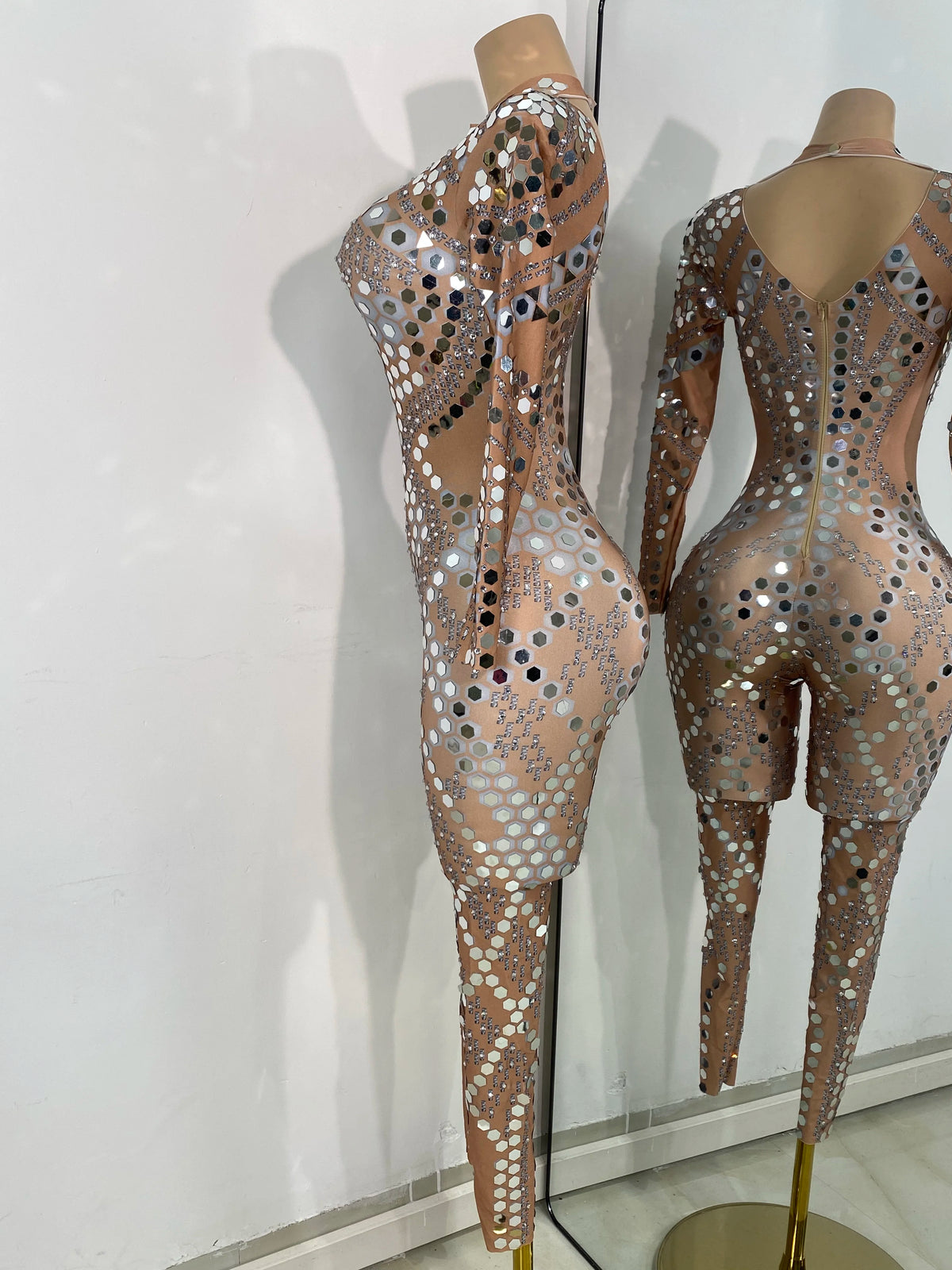 Women Sexy Spandex Tight Jumpsuit Long Sleeve Mirrors Cosplay Costume Nightclub Dancer Outfit Performance Stage Wear