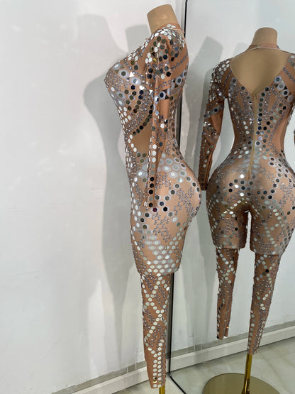 Women Sexy Spandex Tight Jumpsuit Long Sleeve Mirrors Cosplay Costume Nightclub Dancer Outfit Performance Stage Wear