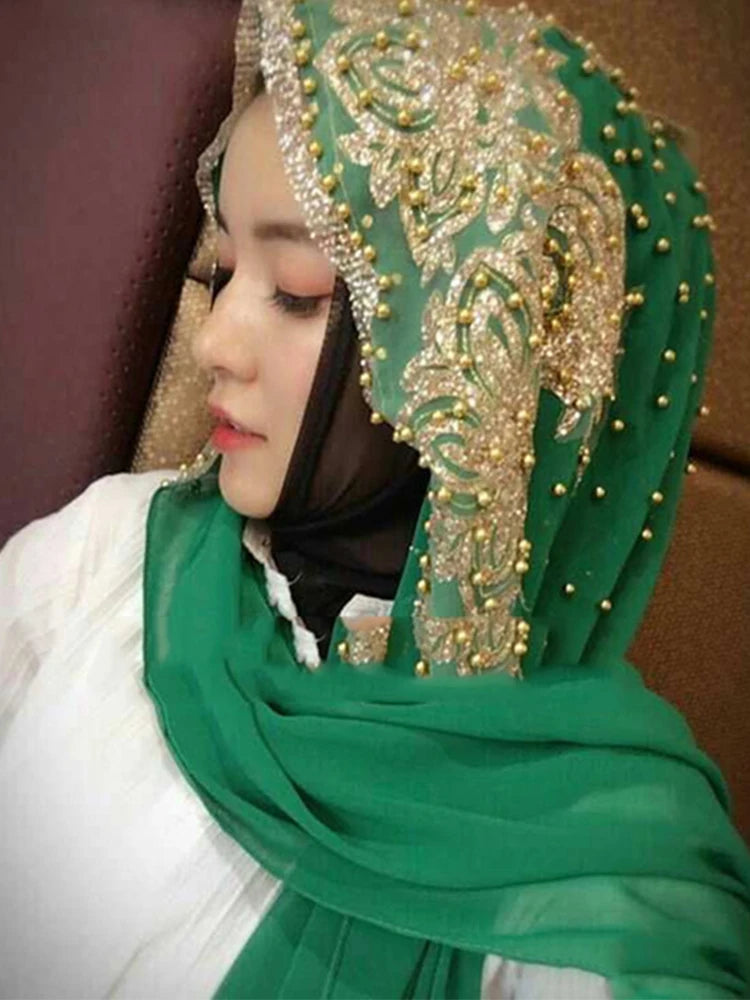 Chiffon Hijab Scarf Muslim Islamic Hijabs Scarves for Woman Long Headwraps with Bead Head Scarf Shawl Wrap Prayer Turbante