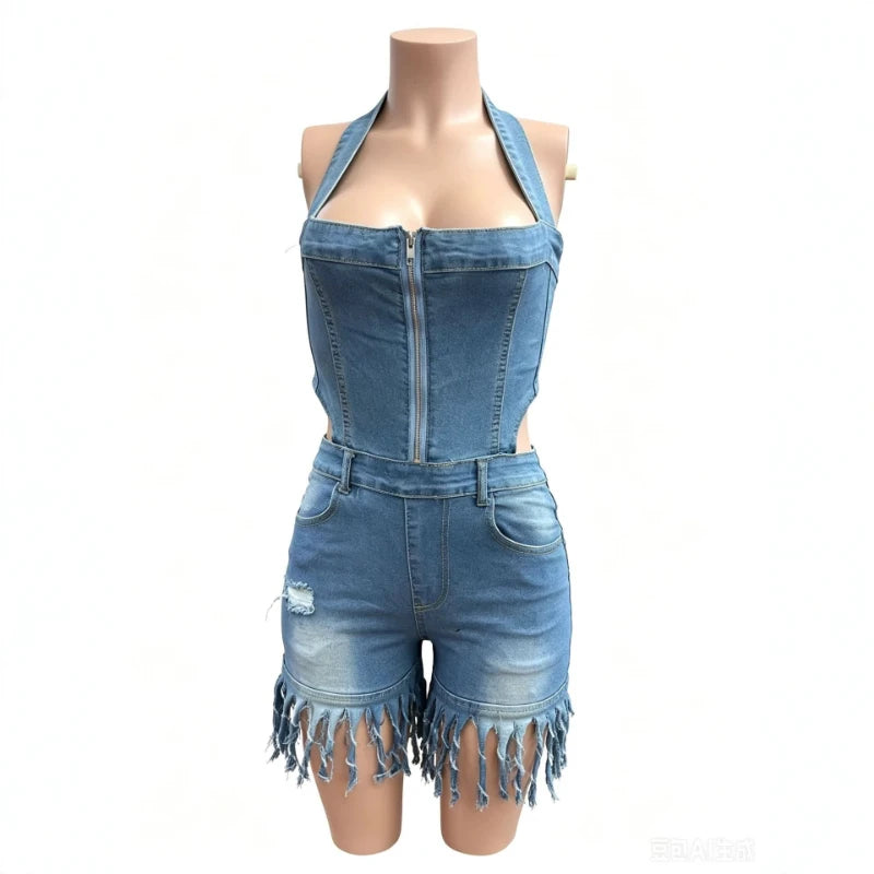 Jumpsuits Women Denim One Piece Halter Sleeveless Zipper Overalls Short Pants Tight Waist Rompers Y2k Streetwear Jumpsuit 2026
