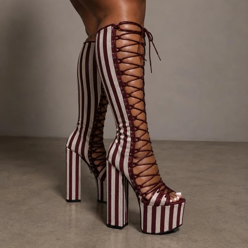 Striped Lace Up Hollow Out Platfrom Sandal Boots Sexy Round Toe Square Heel Customized New Arrivals Fashion Women Modern Shoes
