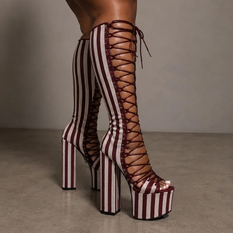 Striped Lace Up Hollow Out Platfrom Sandal Boots Sexy Round Toe Square Heel Customized New Arrivals Fashion Women Modern Shoes