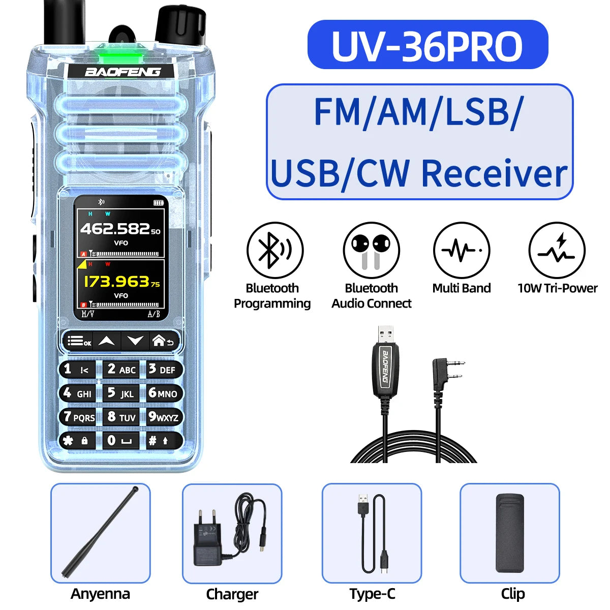 BAOFENG UV‑36 PRO Walkie Talkie 10W High Power Dual Mode Bluetooth Programming Shortwave Receive Two Way Radio FM Handheld Radio