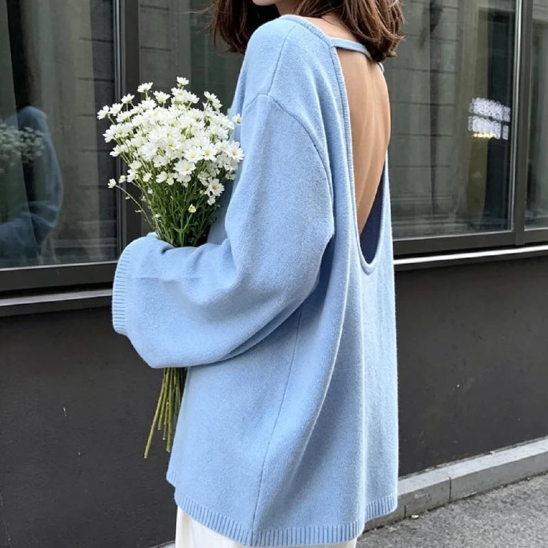 Casual Knitted Sweater Round Neck Open Back Long Sleeves Loose Pullover 2026 Autumn Fashion Daily Versatile Cardigan Top Outfit