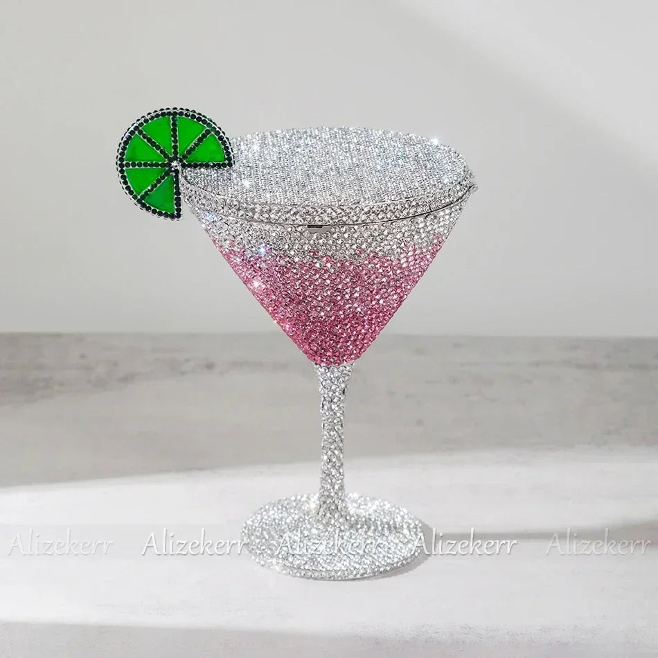 Alizekerr Cocktail Glass Shaped Rhinestone Evening Bags Luxury Designer Gorgeous Crystal Metal Purses And Handbags Wedding Party