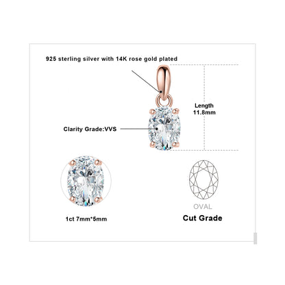JewelryPalace Moissanite D Color 1ct 2ct Oval S925 Sterling Silver Pendant Necklace for Woman No Chain Yellow Rose Gold Plated