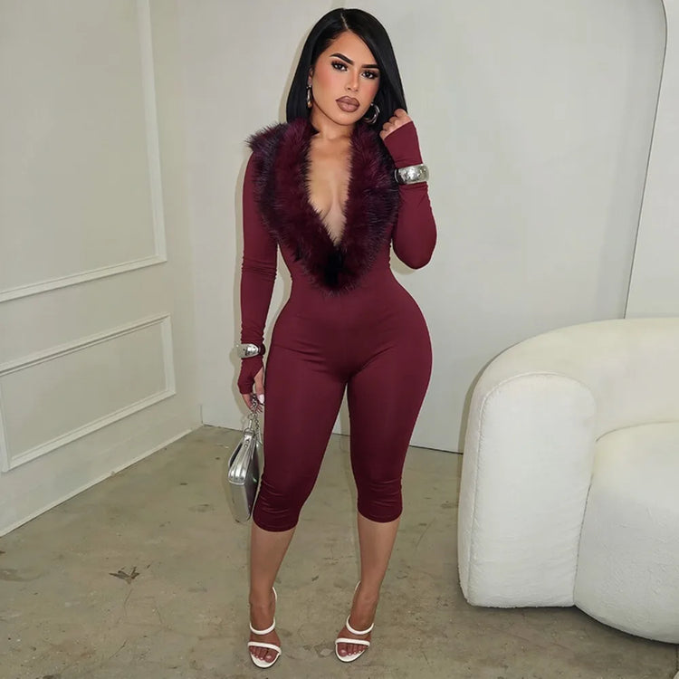 FLARORA Sexy Faux Fur Patchwork Capri Jumpsuits Woman Deep V Neck Full Sleeve Skinny Peach Hip Midnight Party Clubwear Overalls