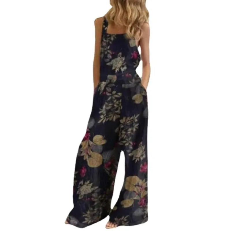 Women Summer Loose Printed Jumpsuits Sleeveless Bib Overalls Siamese Button Wide Leg Pants Long Trousers Female Fashion Clothing