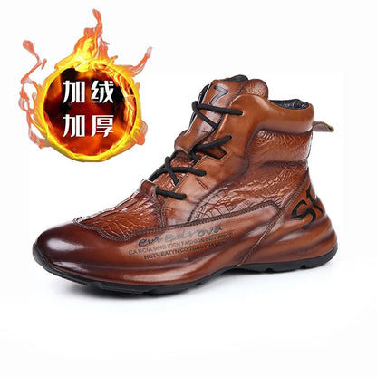 Genuine Leather Winter Boots For Men Crocodile Leather Casual Fleece Warm Shoes Motorcycle Punk Botas Male Loafer Hombre KK419