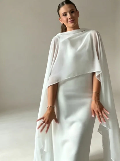 Sheer Cape Round Neck Maxi Dress For Woman Open Back Solid Plain Design Skirt Elegant Wedding Formal Evening Female Long Robes