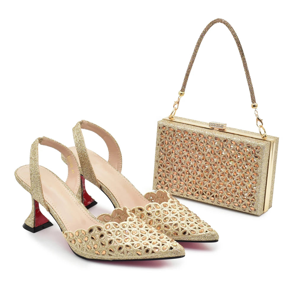 New Design Nigerian Women Shoes and Bag Set Decorated with Rhinestone in Italy African Party Luxury Heel Shoes Pumps with Heels