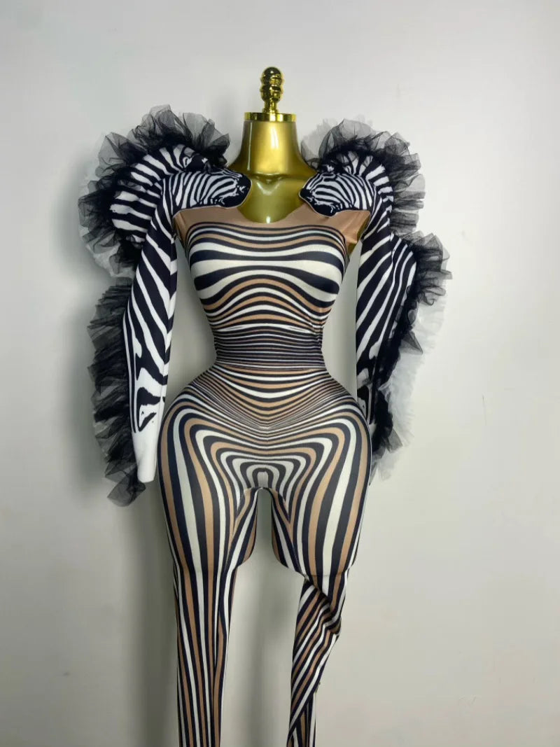 Women Long Sleeve Zebra Stripes Bodycon Jumpsuit Two Piece Set Birthday Party Nightclub Stage Performance Halloween Rompers
